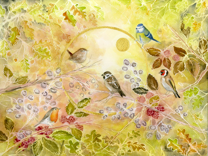 Watercolour painting of birds on branches with a floral background and gold detailing