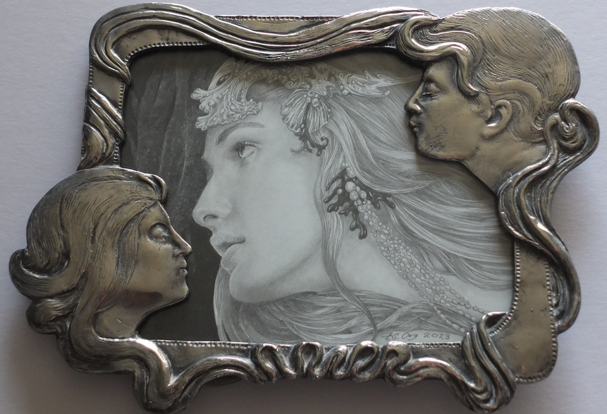 Three Nymphs - Original Pencil Drawing in Silver Plated Frame by Ed Org