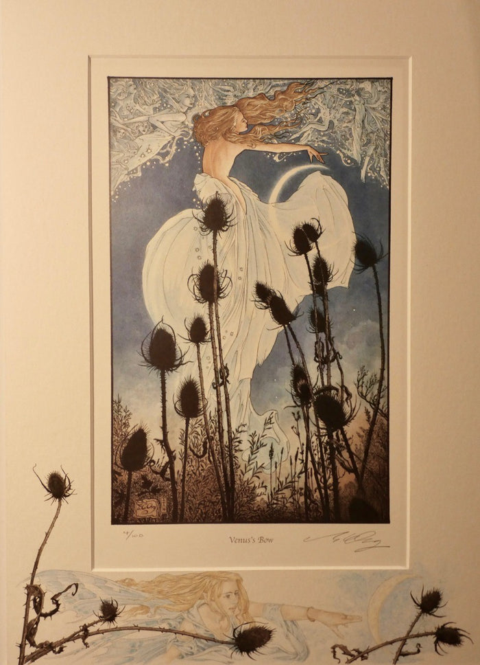 Framed artwork of a white dressed floating woman among thistles on a beige wall.
