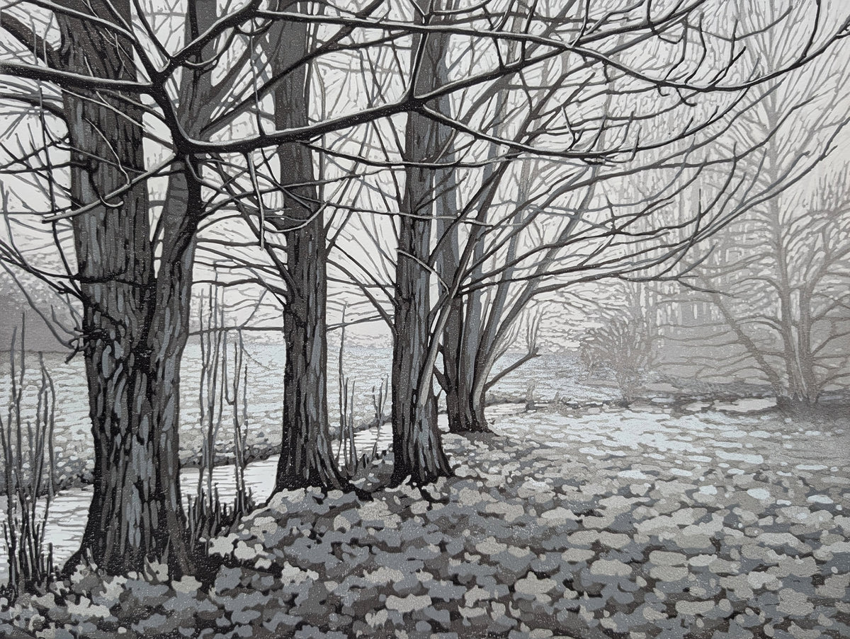 Winter landscape with bare trees and a foggy path