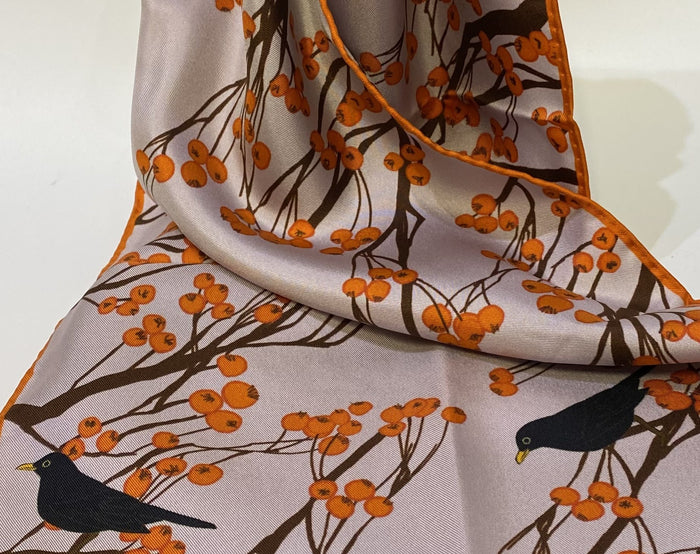 Long 100% silk scarf with blackbird design by Faye Stevens