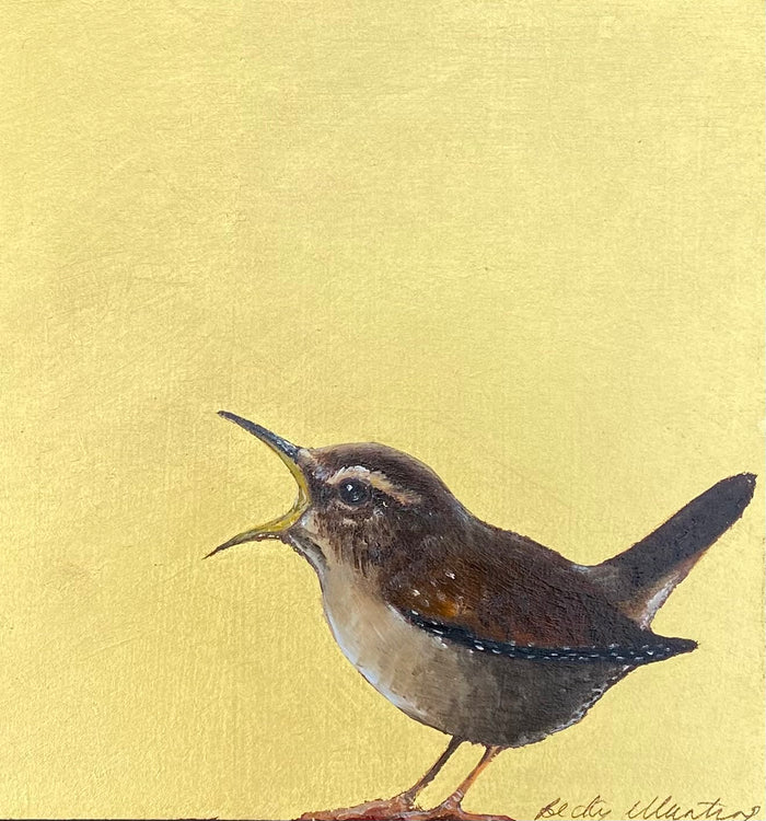 Singing Wren painting by Becky Munting, oil and gold leaf on board.