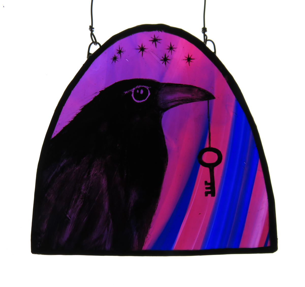 Crow & Key (Large Pink) - Stained Glass Panel by Debra Eden