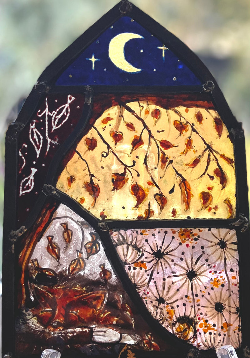 Autumn Slumber - stained glass panel by Rebecca Jones