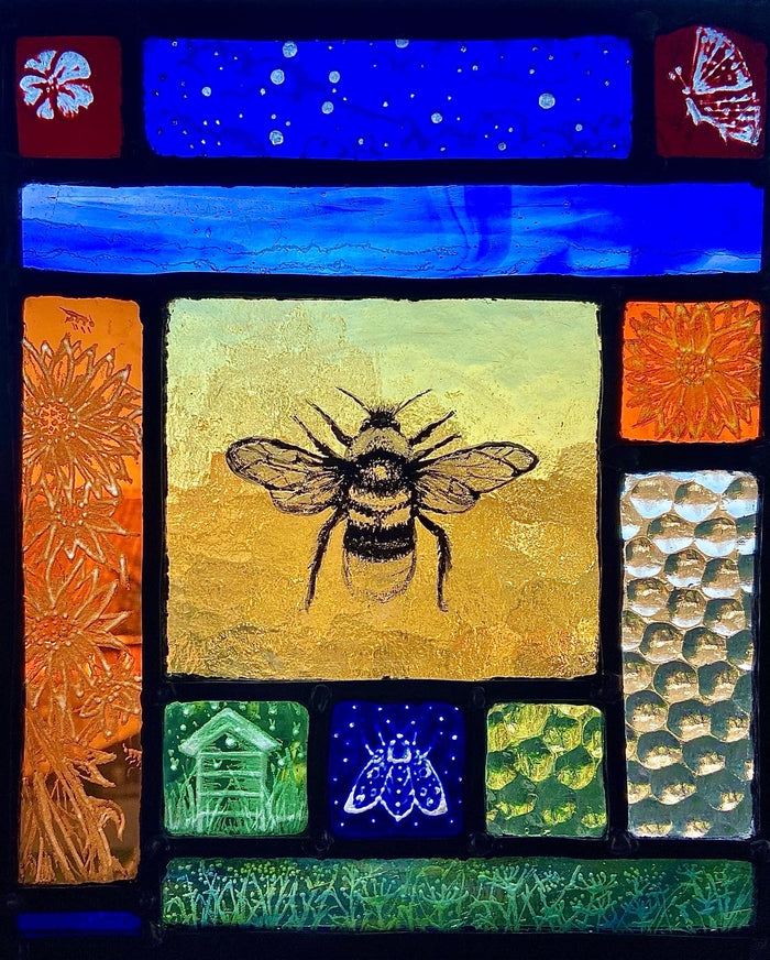Worker Bee & Moth - stained glass panel by Rebecca Jones