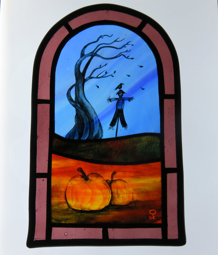 Scarecrow & Pumpkins - stained glass panel by Debra Eden