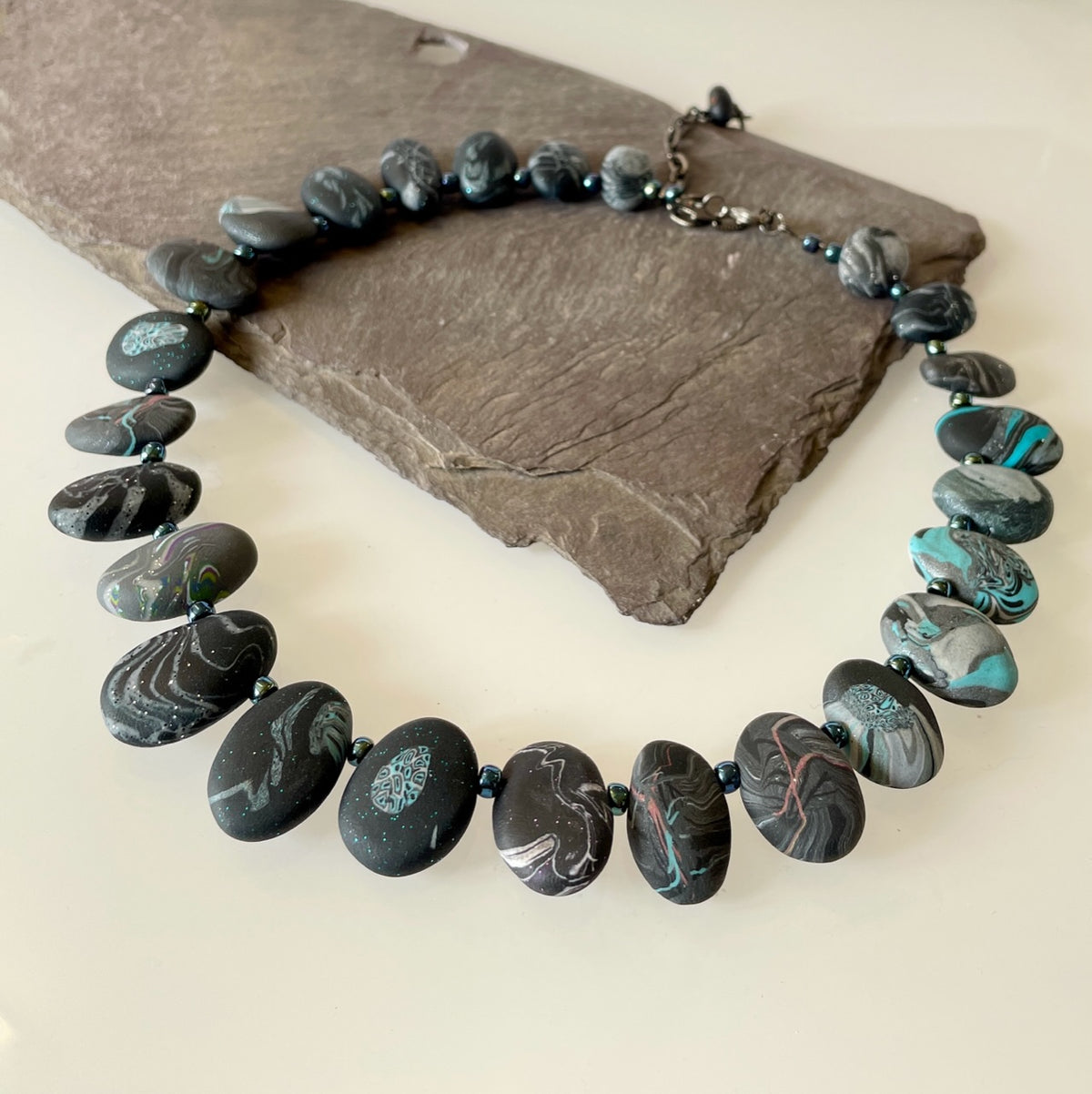 Black and Turquoise Pebble Necklace By Elaine Christmas 