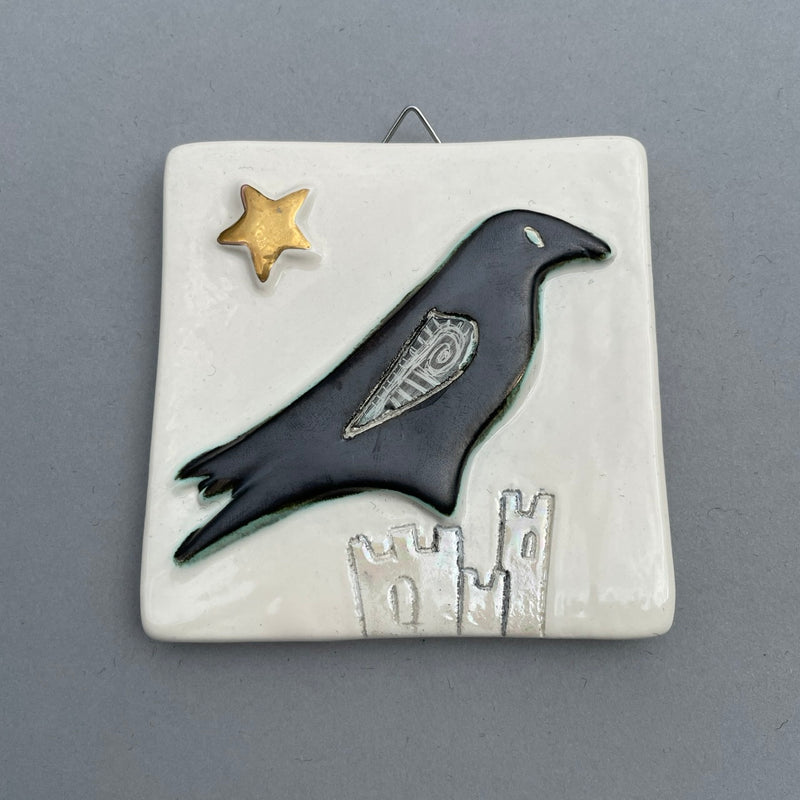 Raven and gold star hanging tile by Sophie Smith
