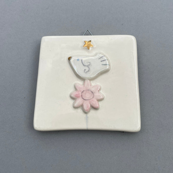Bird,pink flower and gold star hanging tile by Sophie Smith