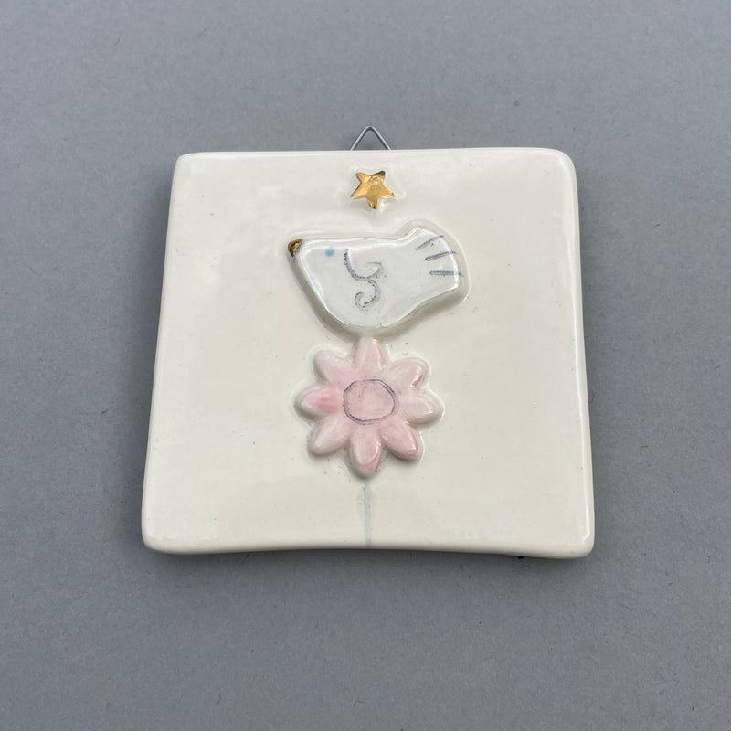 Bird,pink flower and gold star hanging tile by Sophie Smith