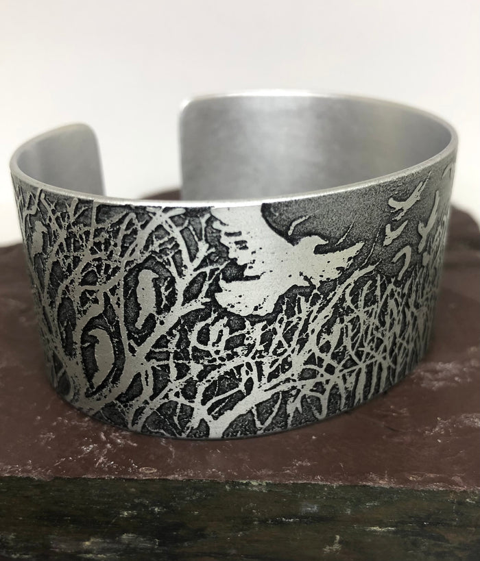 Rookery Cuff in Etched Aluminium by Anna Roebuck