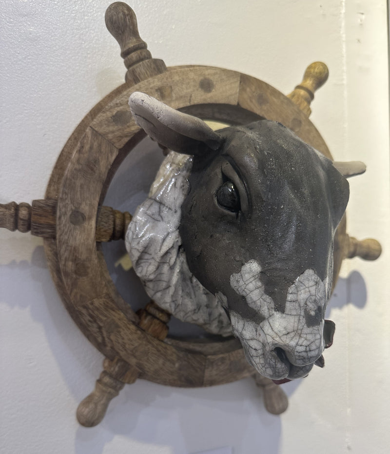 "A Sheep at the Wheel" - Hand-Built Ceramic Sculpture by R&B Ceramics