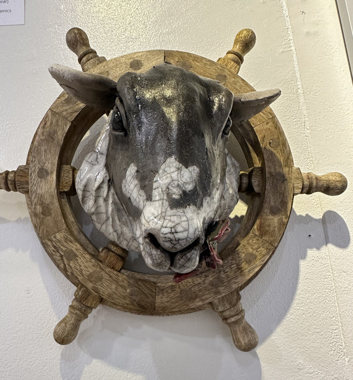"A Sheep at the Wheel" - Hand-Built Ceramic Sculpture by R&B Ceramics