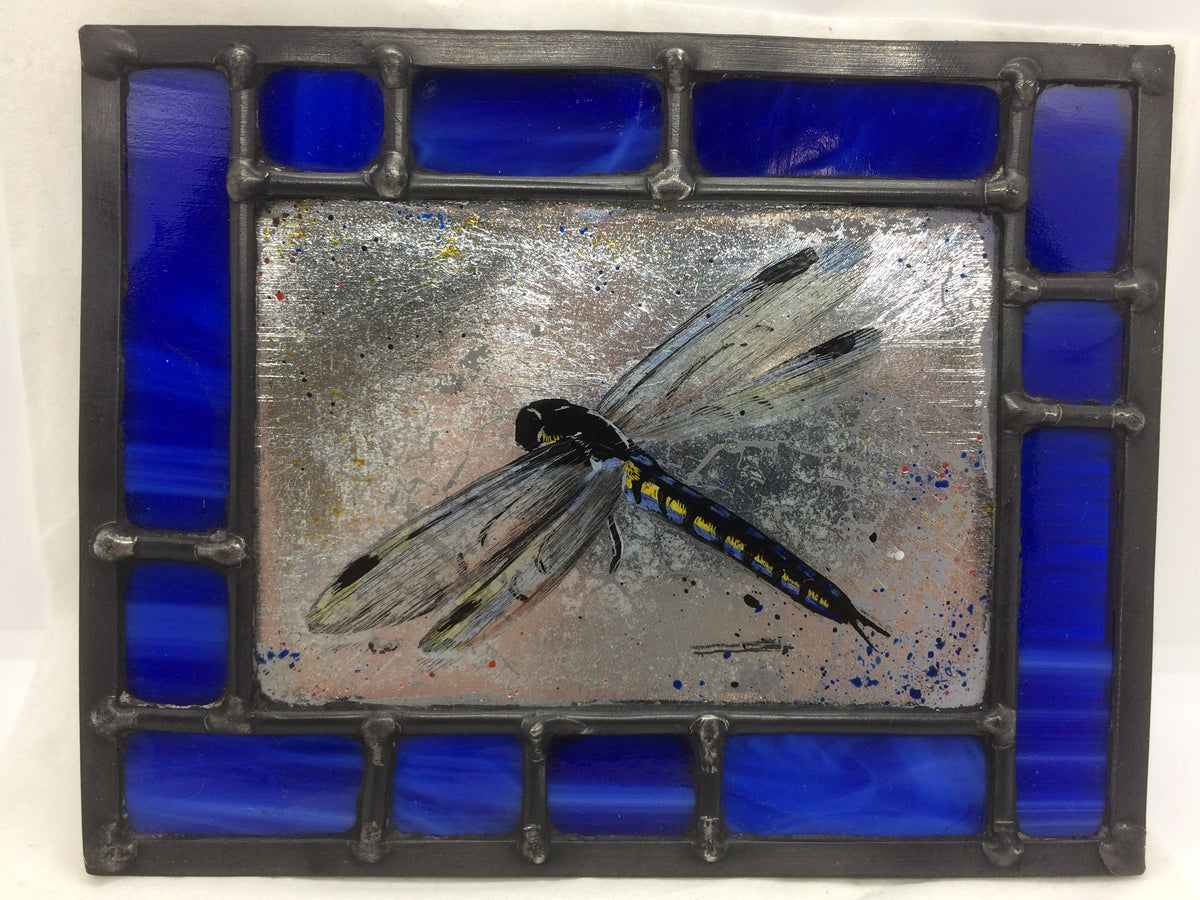 Dragonfly in blue border, gilded, stained glass by Bryan Smith