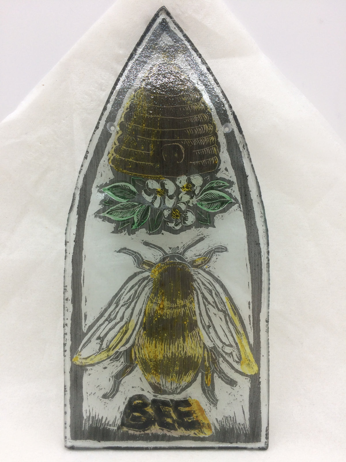 Bee and hive without frame, gothic shape, stained glass by Bryan Smith
