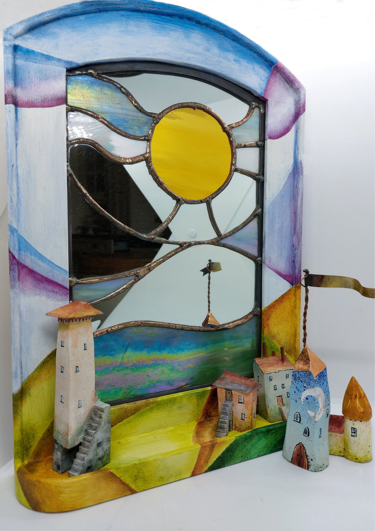 Mirror with houses, stained glass by Bryan Smith
