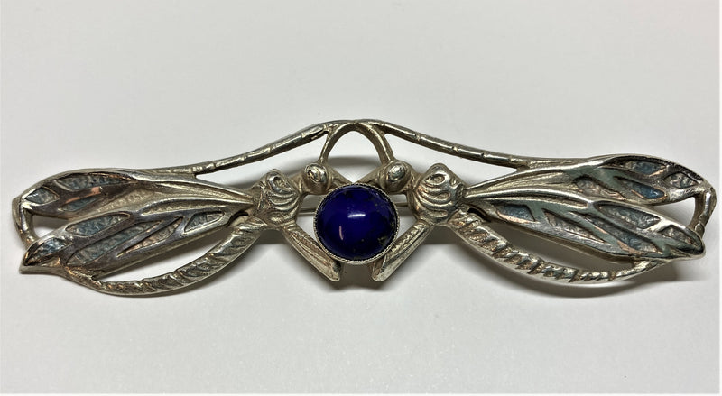 Art Nouveau Style Brooch with Double Dragonfly Motif and Blue Stone by Jess Lelong