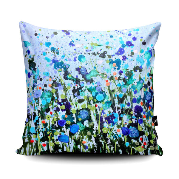 Turquoise Dancing Flowers Cushion by Becca Clegg