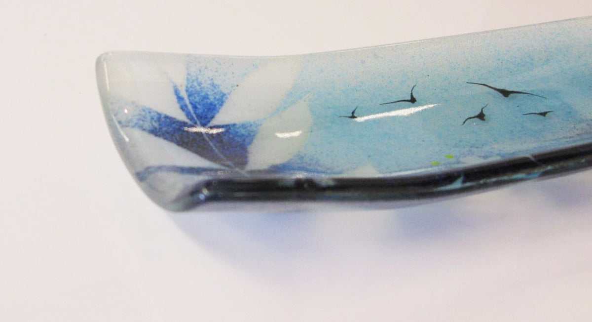 Blue Boat-Shaped Glass Dish with Flying Birds by Verity Pulford.