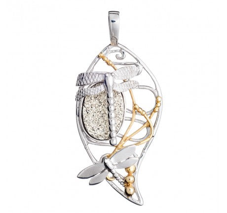bullrush dragonfly pendant in silver druzy gold and sterling silver
