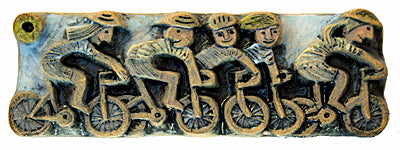 5 Cyclists - ceramic relief by Hilke MacIntyre