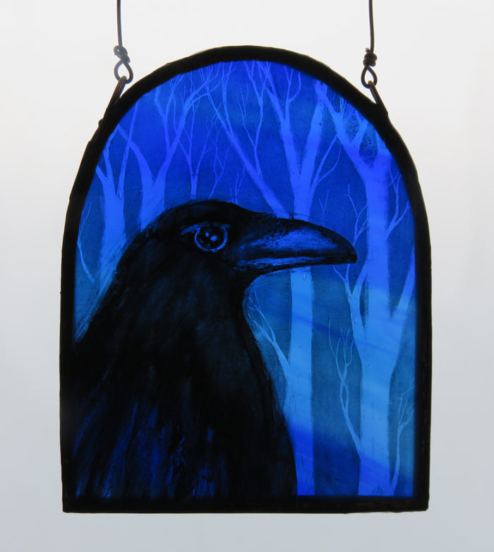 Crow & Trees - Stained Glass Panel by Debra Eden