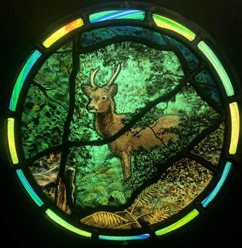 Deer Roundel - hand painted and leaded stained-glass panel by Petri An…
