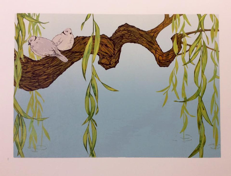 Doves in the Willow - Hand Produced Linocut by Laura Boswell