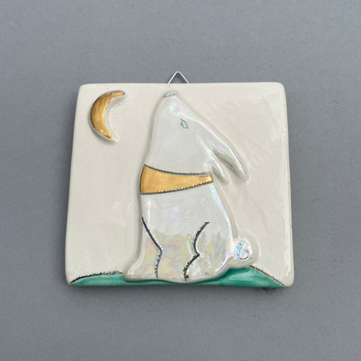 Hare and gold moon hanging tile by Sophie Smith
