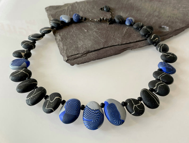 Blue and Black Pebble Necklace By Elaine Christmas 