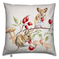 Field Mice on Rose Hips Cushion by Sally Leggatt