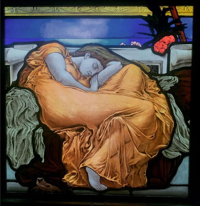 Flaming June - hand painted and leaded stained-glass panel by Petri Anderson