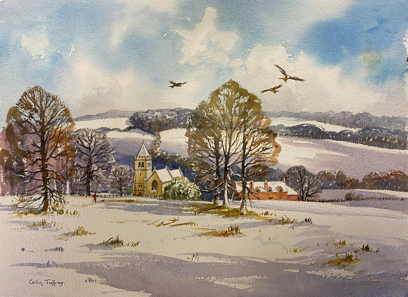 Red Kites Over Hambleden Valley in the Snow - watercolour by Colin Tuffrey