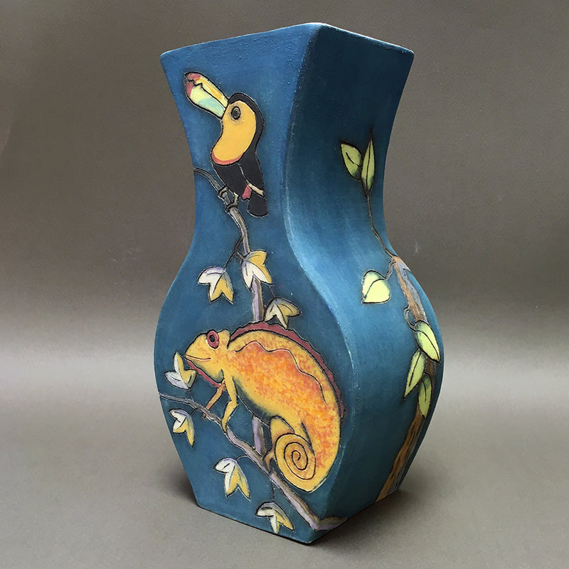 Tall Toucan, Chameleon and Hoopoe Vase by Jeanne Jackson