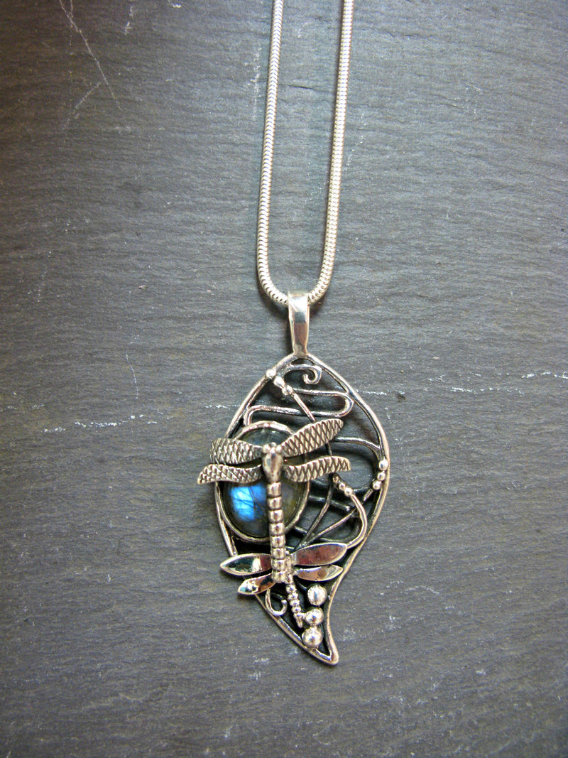 Bullrush Dragonfly Pendant in Sterling Silver with Laborite by Madeleine Blaine 