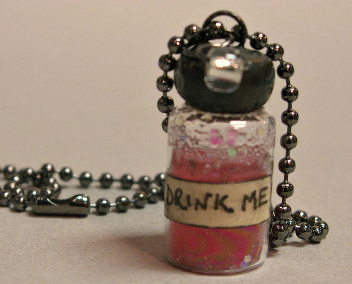 Drink Me Art Jewellery Bottle Necklace Pink