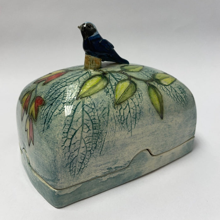 Rectangular Blue Bird butter dish by Jeanne Jackson