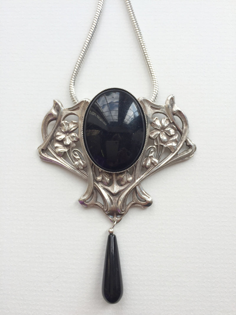 Large Decorative Necklace with Black Oval Stone and Stone Drop by Jess Lelong