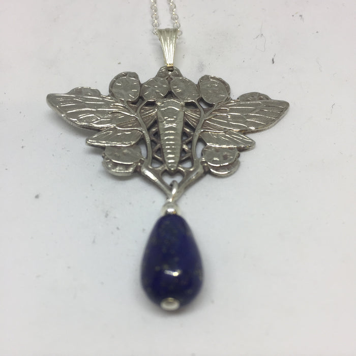 Art Nouveau Moth Design Necklace with Lapis Lazuli Drop