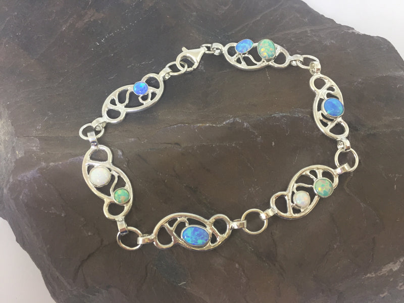 Silver Wire Work Bracelet with Green, Blue & White Opals