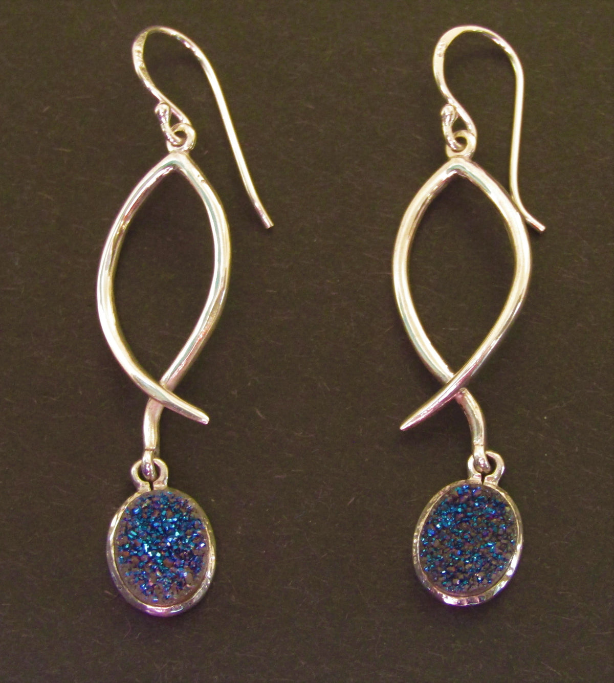 Lupin Earrings with Blue Druzy Stone made by Madeleine Blaine.