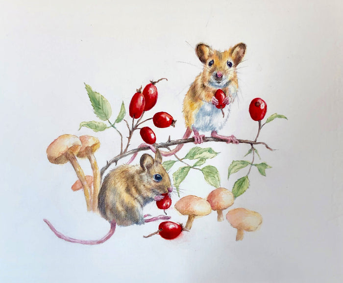Field Mice on Rose Hips by Sally Leggatt