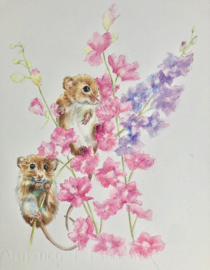 Harvest Mice on Pink and Blue Larkspur by Sally Leggatt