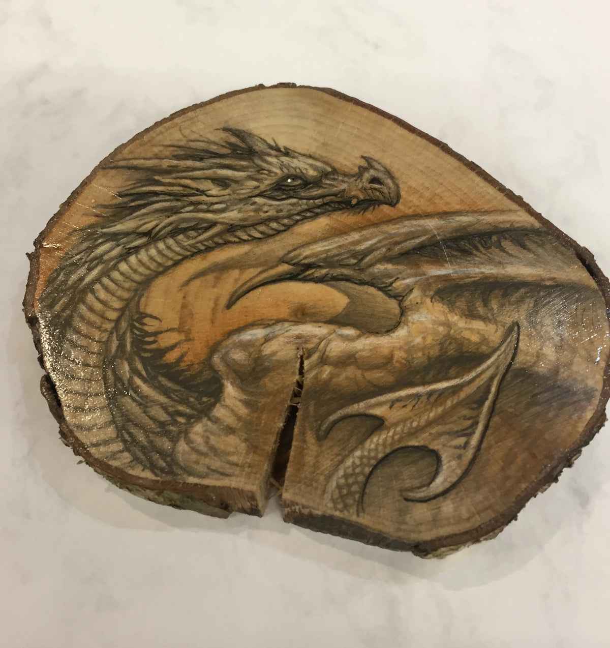 Dragon Drawing on Hazel Wood Slice 1 by Steve Samsara