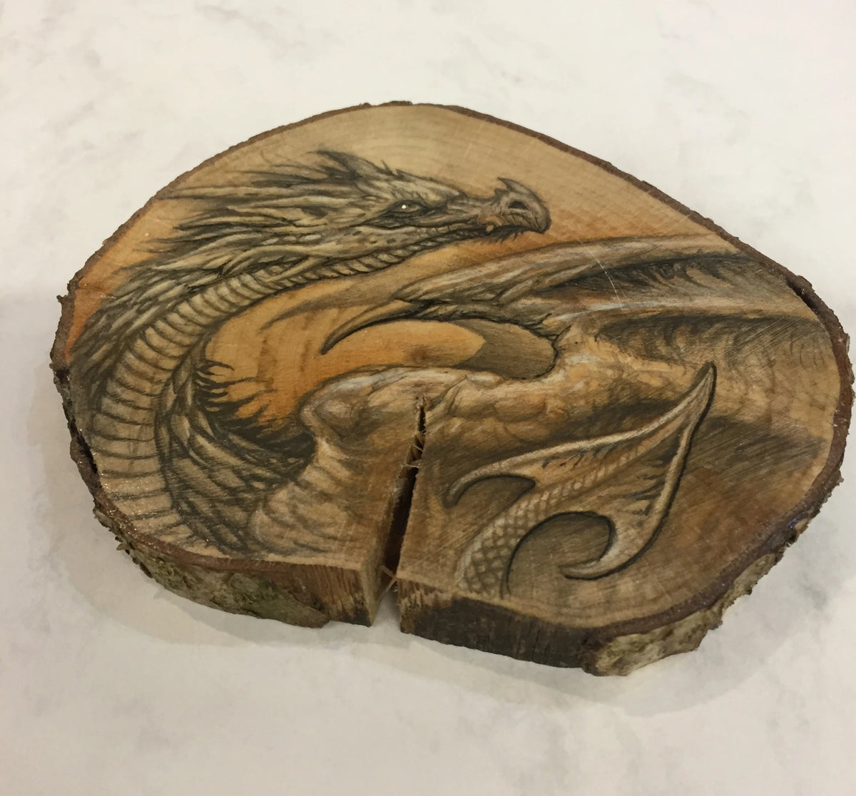 Dragon Drawing on Hazel Wood Slice 1 by Steve Samsara