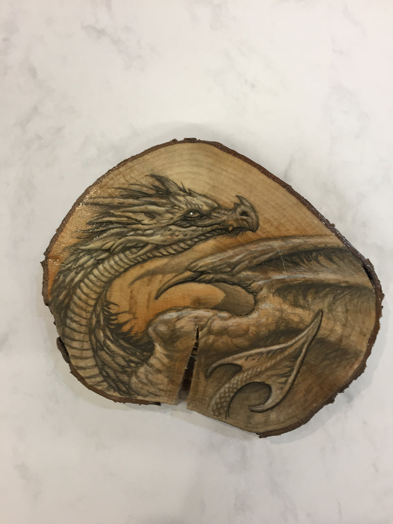 Dragon Drawing on Hazel Wood Slice #1