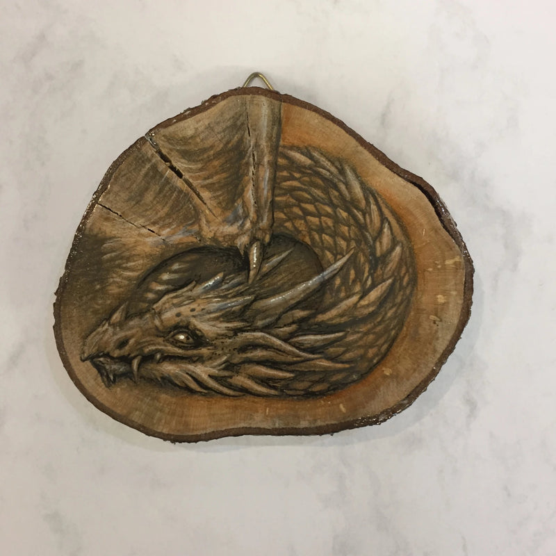 Dragon Drawing on Hazel Wood Slice #2 by Steve Samsara