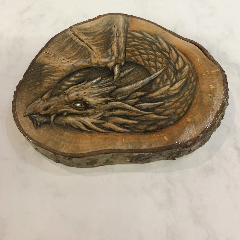 Dragon Drawing on Hazel Wood Slice #2