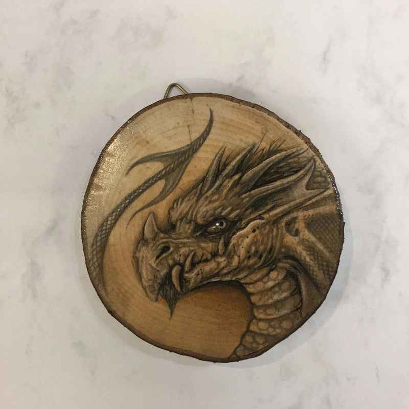 Dragon Drawing on Hazel Wood Slice #3 by Steve Samsara