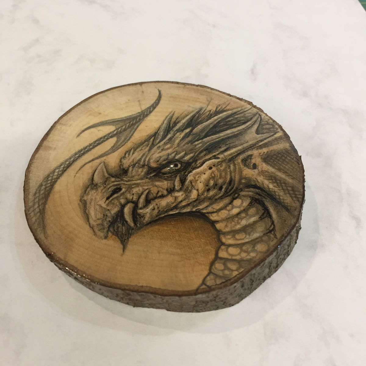 Dragon Drawing on Hazel Wood Slice #3 by Steve Samsara